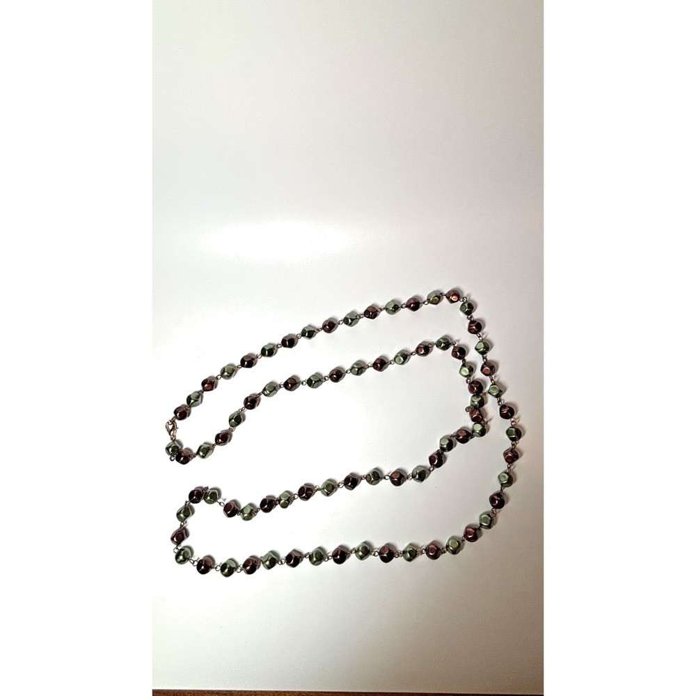 Long Brown Green Beaded Necklace Gold Tone Wire Linked Boho Layering